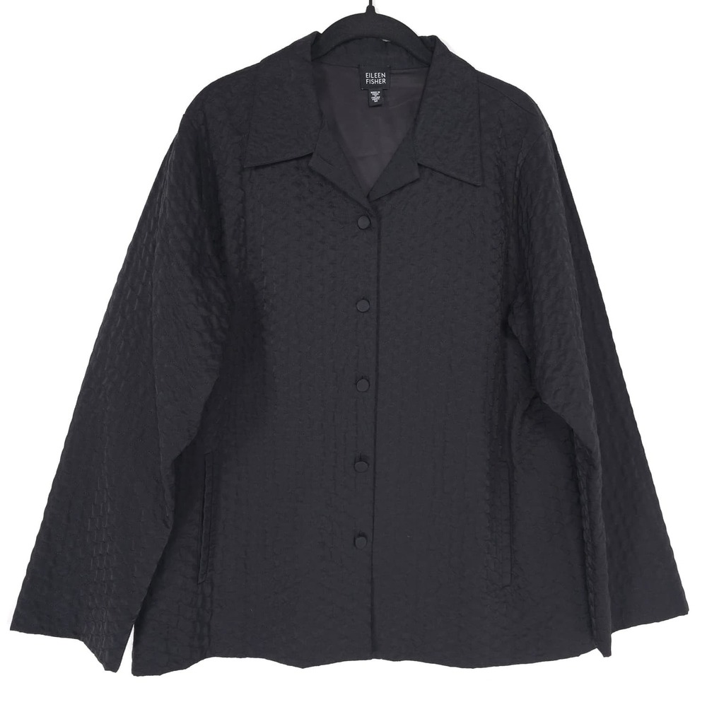EILEEN FISHER Women's Jacket Coat MEDIUM Black Button Front ITALIAN FABRIC - Picture 3 of 10